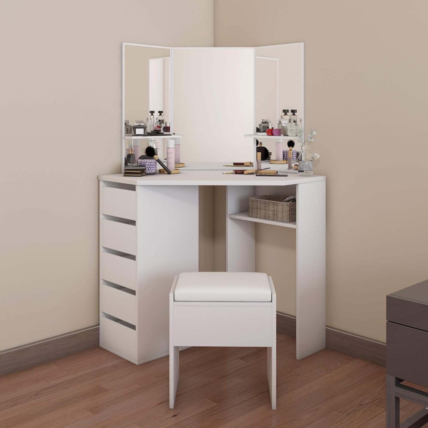 Corner Vanity Table Set,Makeup Desk with ThreeFold Mirrors and 5 Drawers for Women Girls