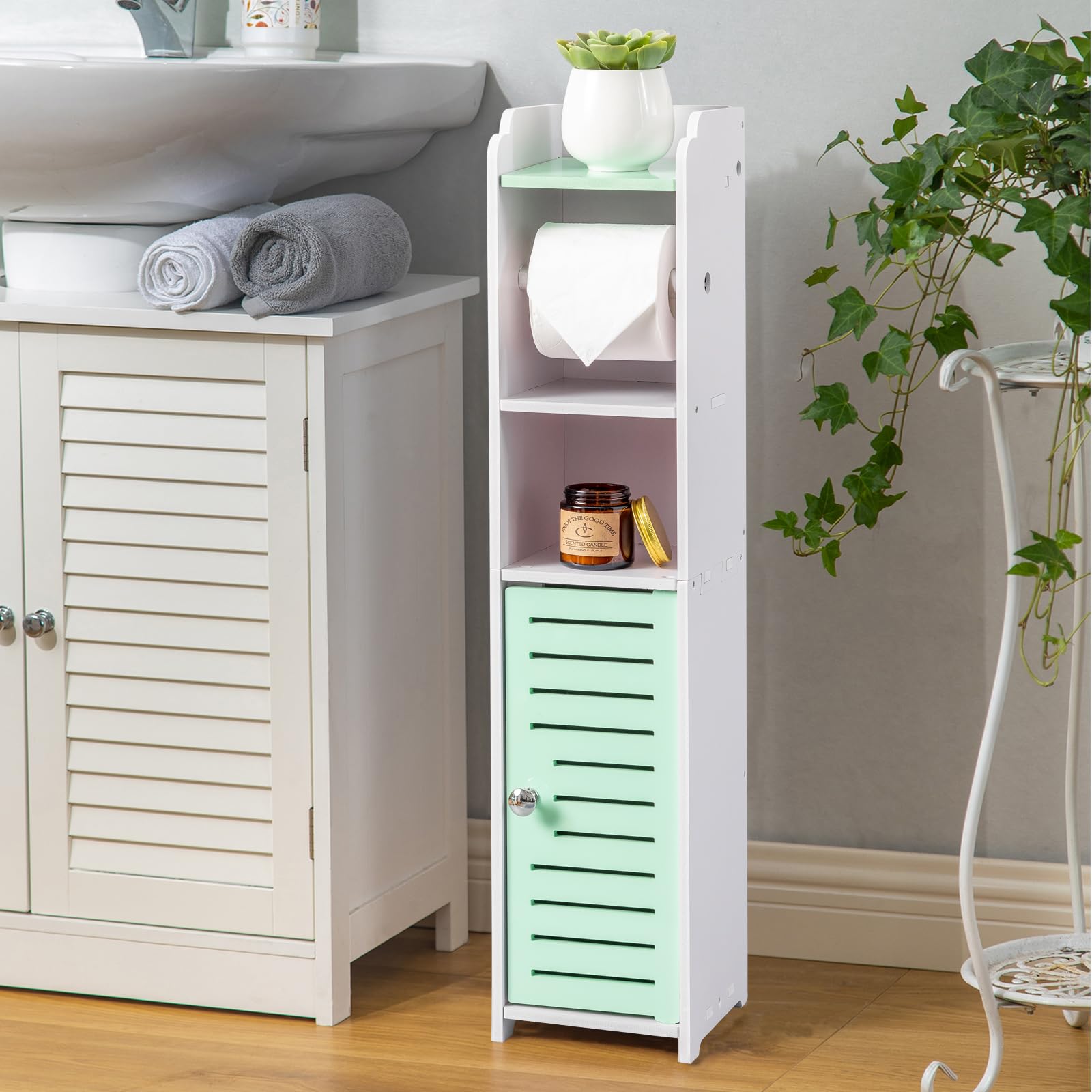 Photo 1 of AOJEZOR Toilet Paper Holder Stand: Small Bathroom Storage Cabinet - Mint Green - White
