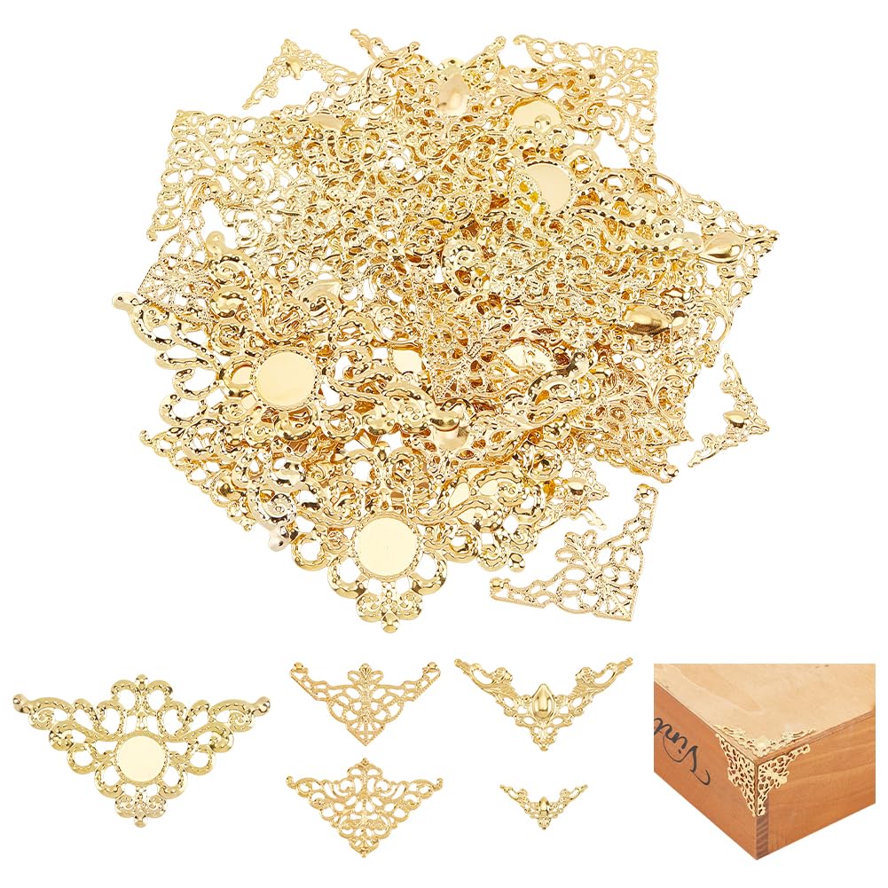 PH PandaHall 100pcs 5 Styles Corner Protector Gold Filigree Corner Embellishments Hollow Triangle Wrap Connector Metal Frame Corners Tray Decorations for Book Album Resin Fillers Jewellery Making