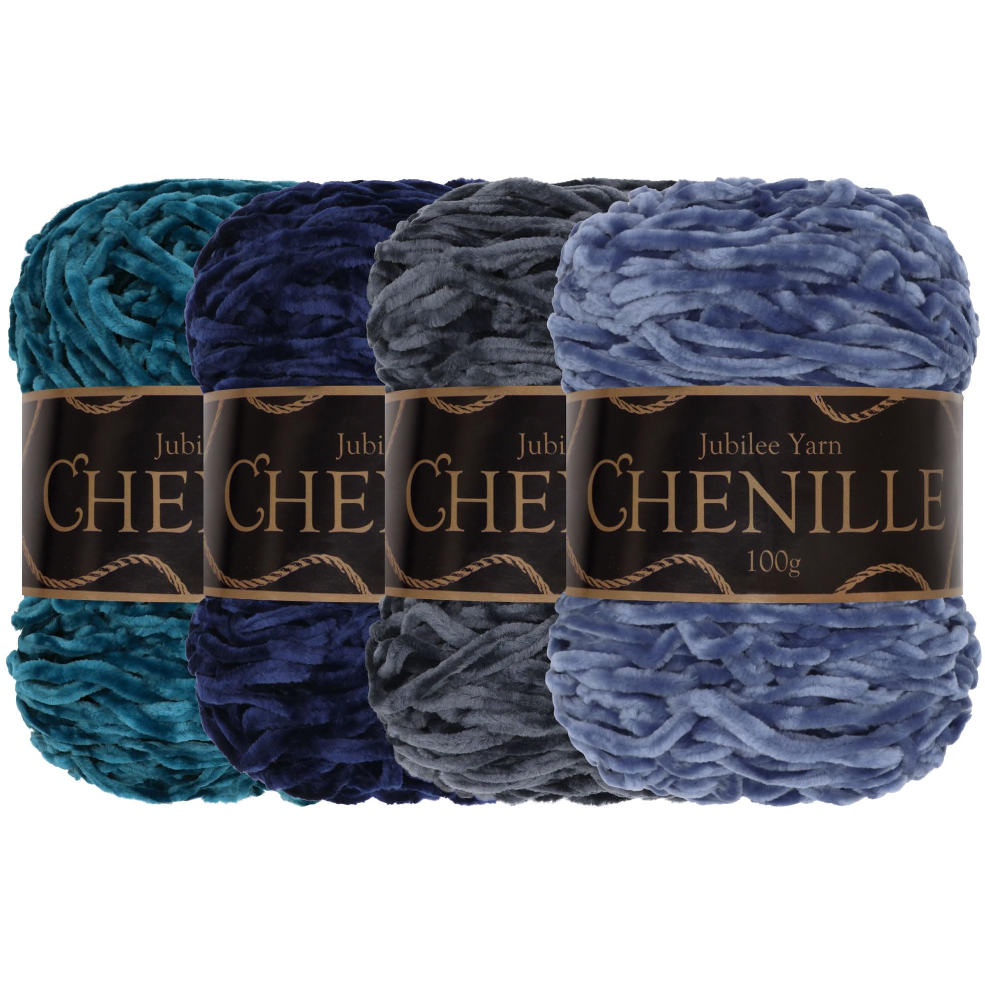 JubileeYarn Chenille Yarn - Worsted Weight - 100g/cake - Shades of Blue - 4 Cakes