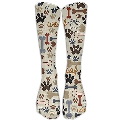 yiyuanyuantu Long Dress Socks Colorful Dog Bones & Paw Prints Cream Soccer Comfortable Breathable Over-The-Calf Tube 50CM