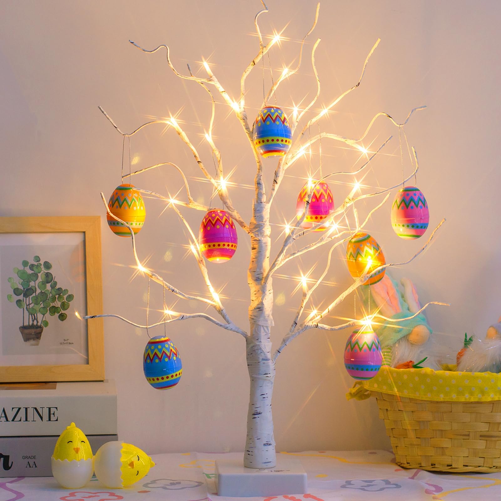 EAMBRITE White Easter Tree with Colourful Fillable Eggs Battery Operated Twig Tree with Lights Easter Gifts for Children (60cm/2ft)