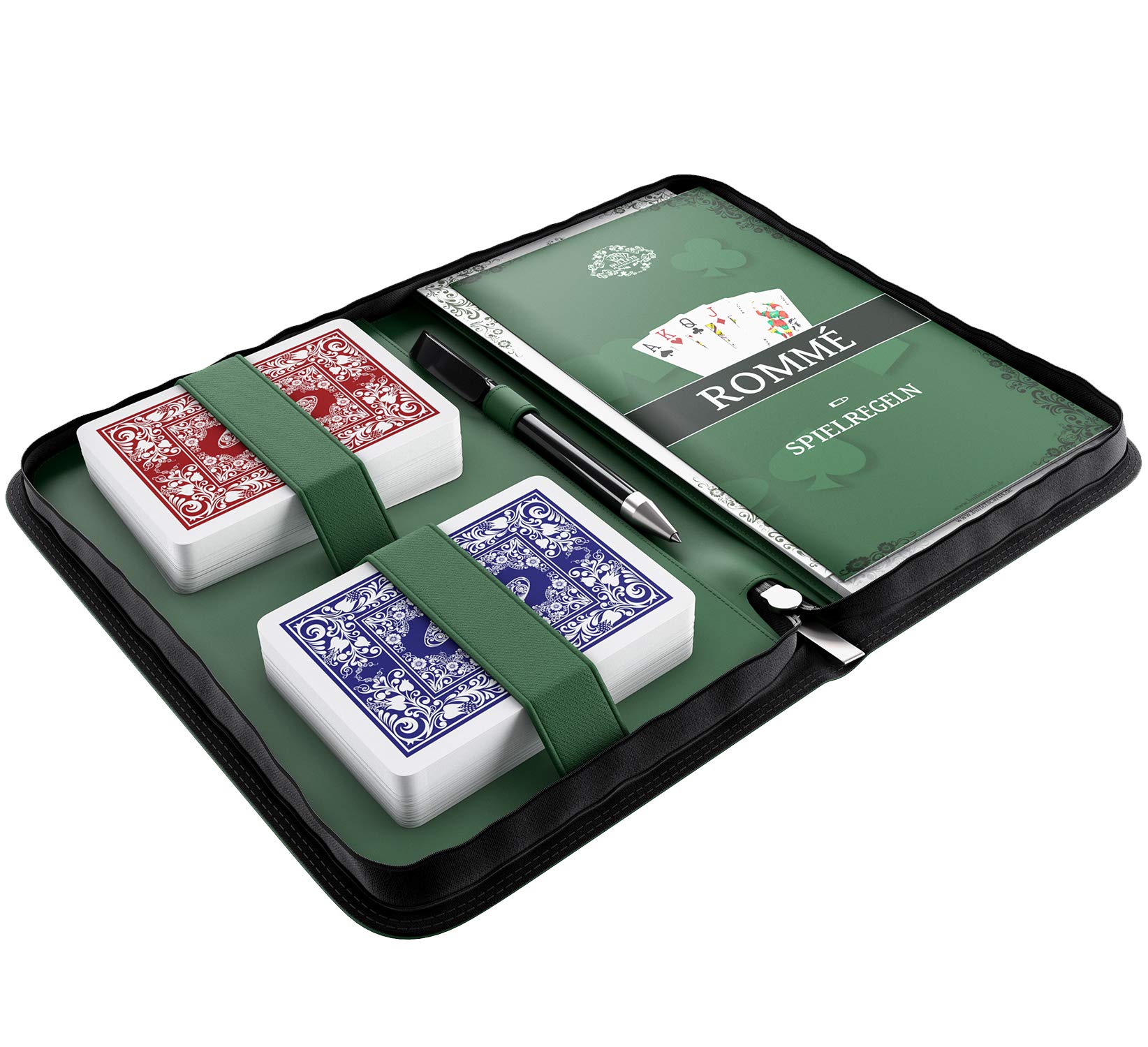 Bullets Playing Cards Rummy set in faux leather case, including plastic playing cards, game rules with 15 romé variants (DE), short rules, pen and pad