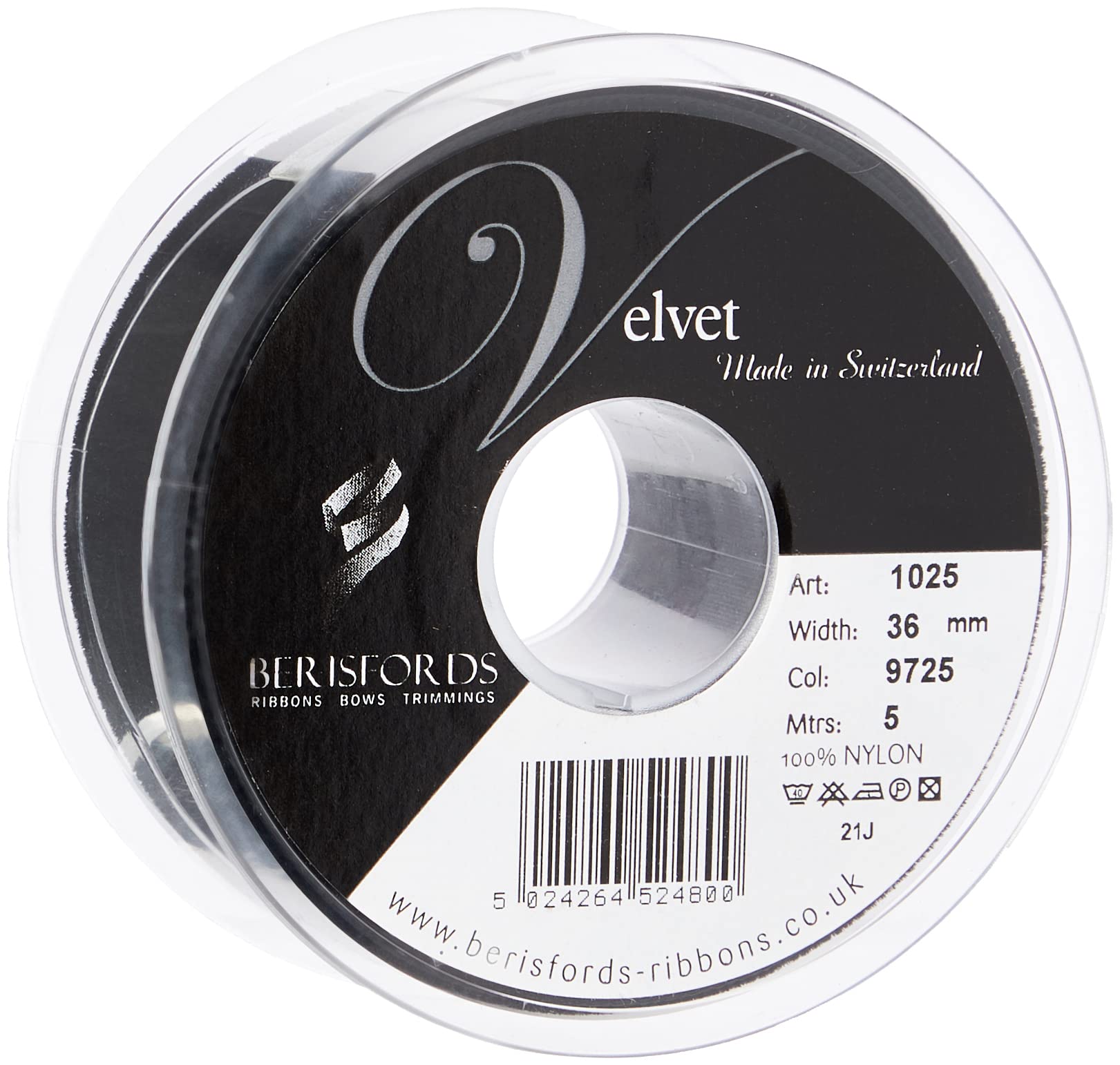 Berisfords Velvet Ribbon, Black, 5m, 36mm width