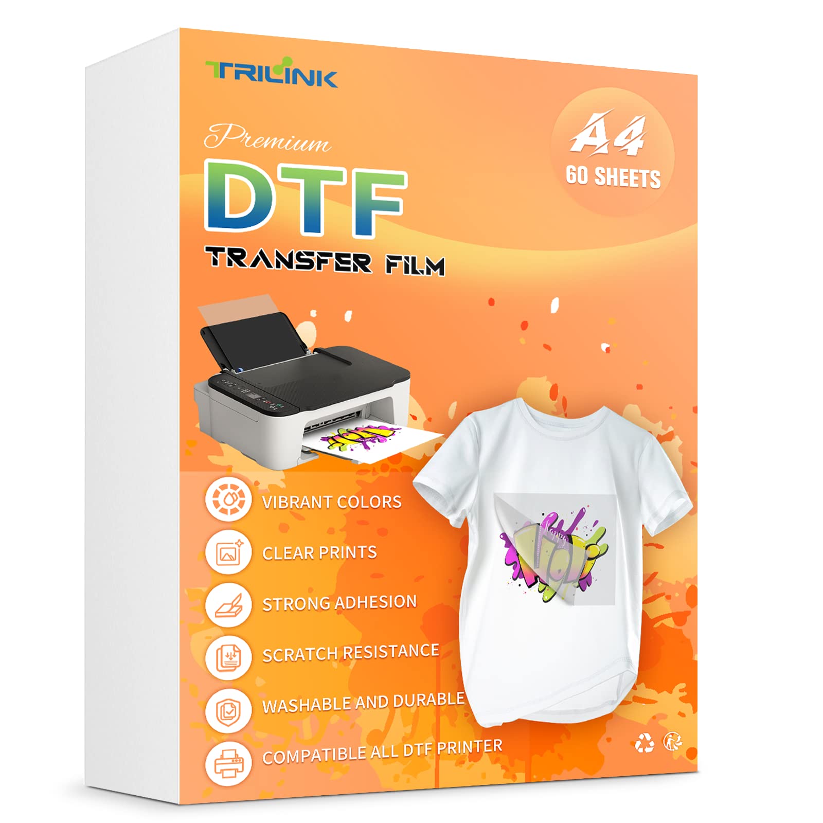 TRILINK DTF Transfer Film Paper A4 (21 x 29.7 cm) - 60 Sheets Premium PET Direct to Film Transfer Paper for DTF Printers - Works on Cotton, Polyester, and More Fabrics - Ideal for T-Shirts Printing