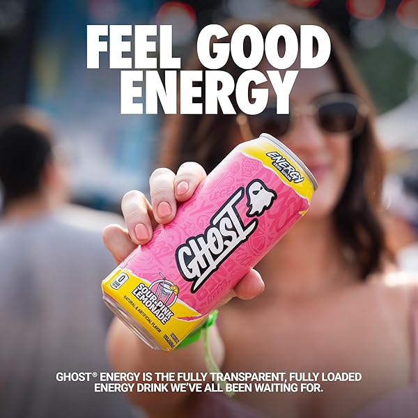 GHOST ENERGY DRINK – 12-PACK, SOUR PINK LEMONADE, 16OZ CANS – ENERGY & FOCUS & NO ARTIFICIAL COLORS – 200MG OF NATURAL CAFFEINE, L-CARNITINE & TAURINE – GLUTEN-FREE & VEGAN