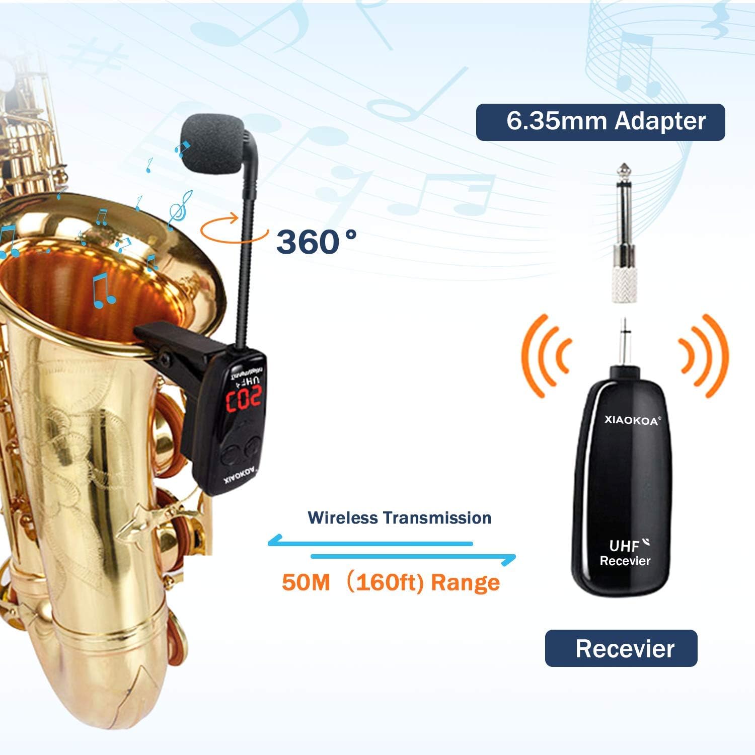 XIAOKOA UHF Wireless Instruments Microphone,Saxophone Microphone,Wireless Receiver and Transmitter,160ft Range,Plug and Play,Great for Trumpets, Clarinet, Cello: Home Audio & Theater