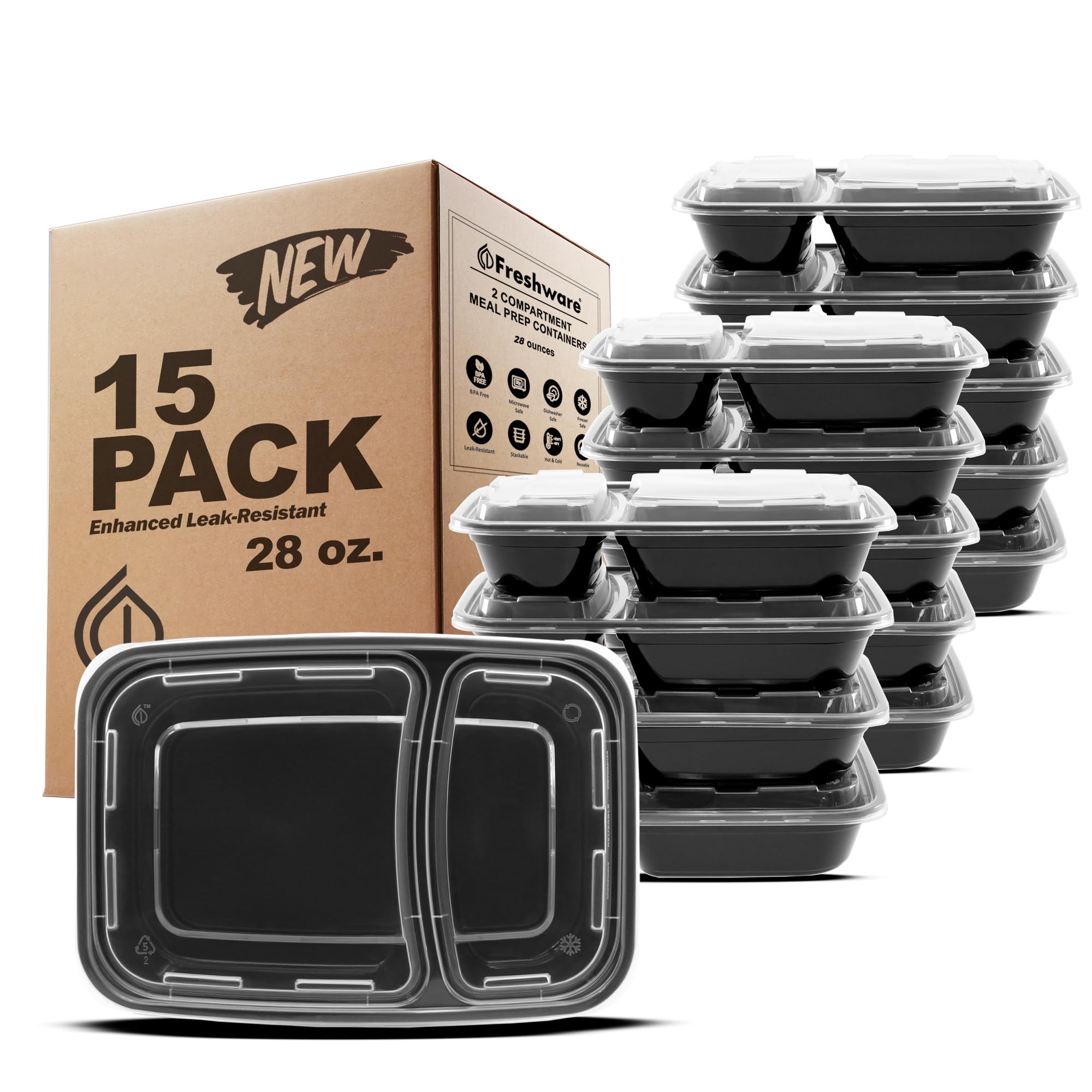 Photo 1 of Freshware Meal Prep Containers [15 Pack] 2 Compartment with Lids, Food Storage Containers, Bento Box, BPA Free, Stackable, Microwave/Dishwasher/Freezer Safe (28 oz), Black