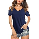 Amoretu Women's Short Sleeve Shirts Cold Shoulder Tops V Neck Blouse Tunic Shirts