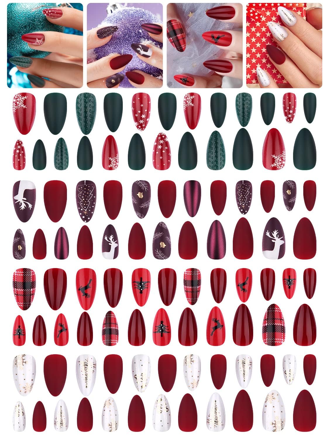EBANKU 96 pcs Christmas Full Cover False Nails, Christmas Press on Nails 3D Full Cover Nail Art Santa Claus Snowflake Christmas Tree for Women Girls Nail Art Decoration DIY (A)