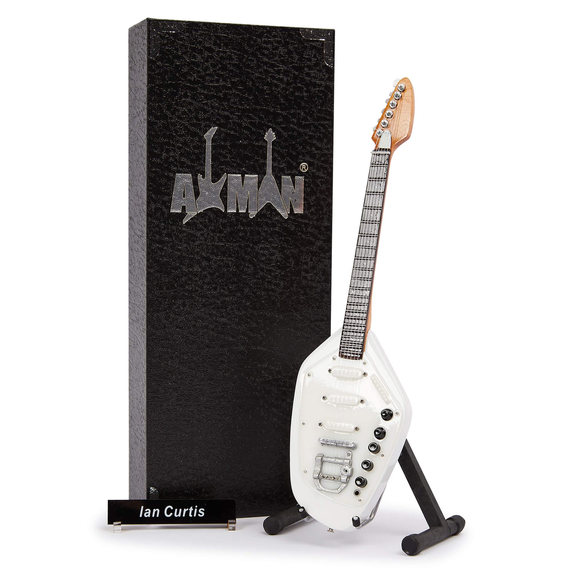 Ian Curtis - Miniature Guitar Replica - Music Gifts - Handmade Ornamental 1/4 Scale - Includes a Display Box, Name Tag and Miniature Guitar Stand