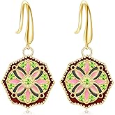 unixmoment 14K Gold Enamel Flower Dangle Drop Earrings Dainty Crystal Floral Round Disc Hook Earrings For Women