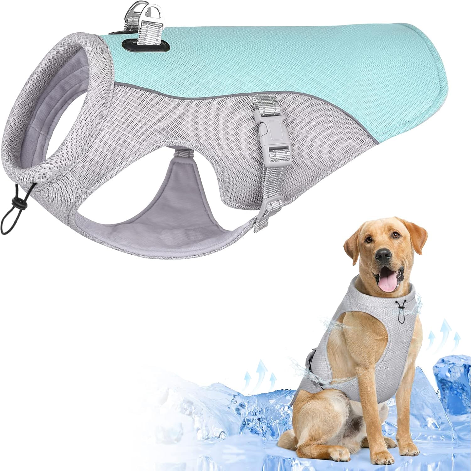 Bamda Dog Cooling Vest, Upgraded Harness Cooler Jacket with Adjustable, Titanium D-rings and Breathable Lightweight Cool Pet Vest for Small Large Dogs（Blue L）