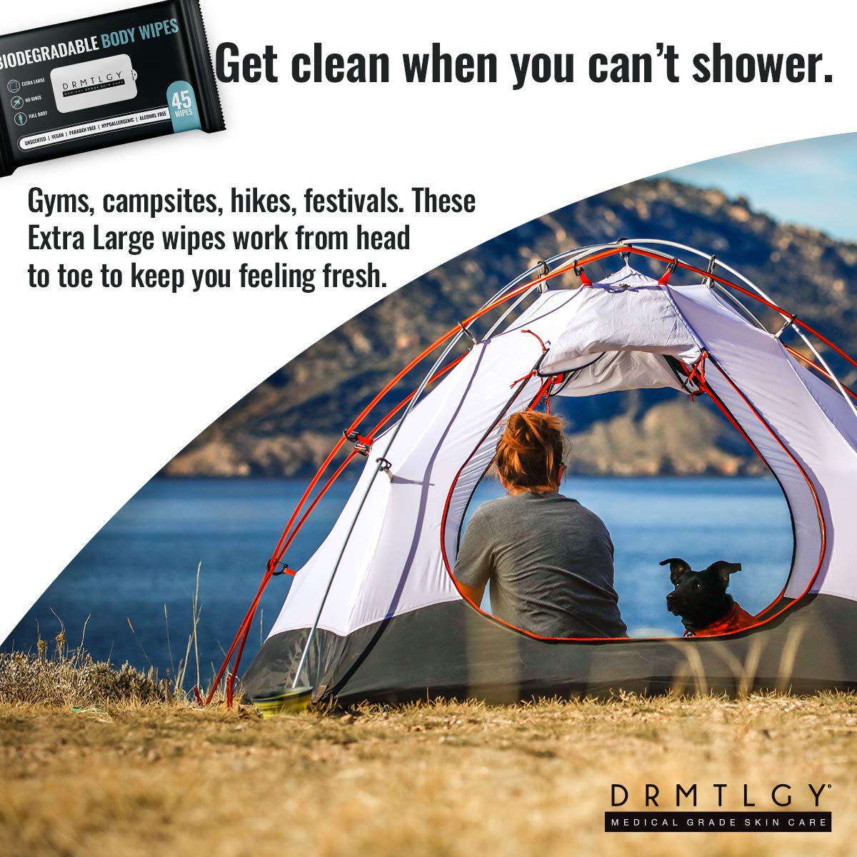 DRMTLGY Body and Face Shower Wipes for Women and Men - 45 Wipes. XTRA Large Biodegradable No Rinse Cleasning Wipes For Camping, Sports, Traveling, and more!