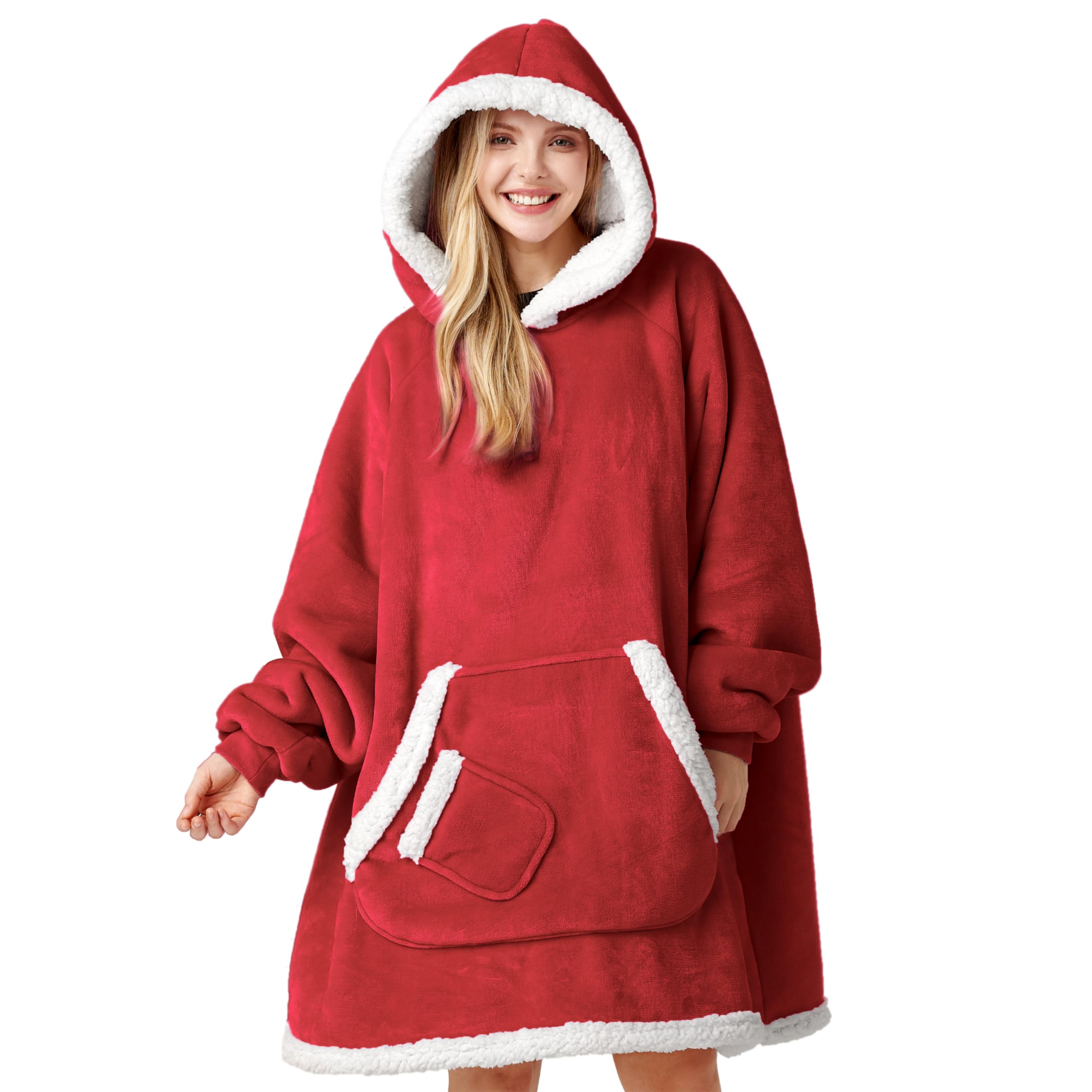 Giggling Getup Wearable Blanket Hoodie for Women Men Gifts for Women Mom Wife Sherpa Fleece Hooded Blanket Sweatshirt Warm Cozy Sherpa Wearable Throw with Giant Pocket & Sleeves for Adult Standard Red Image