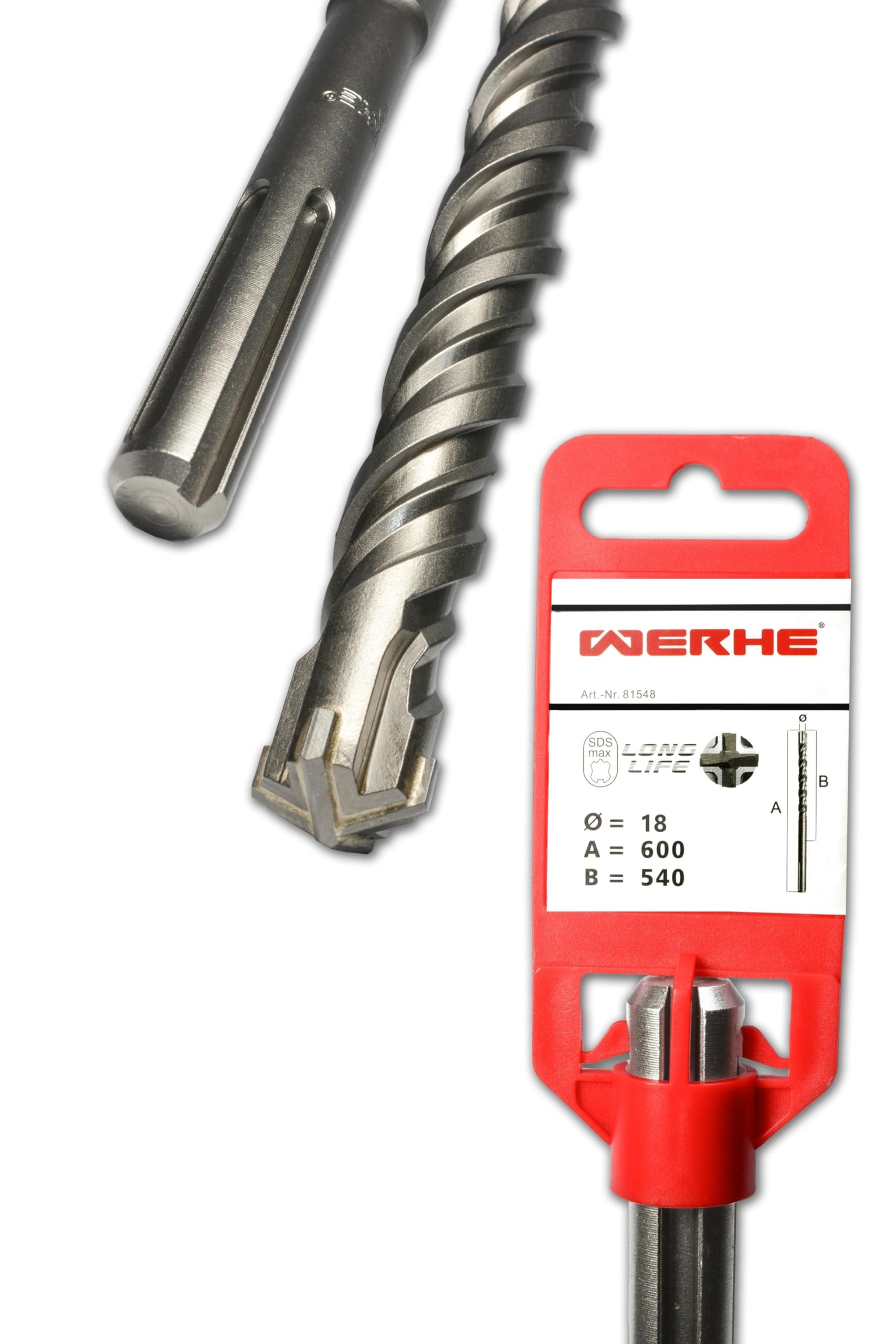 WERHE Concrete Drill Bit SDS MAX 18x600mm – Hammer Drill Bit with 4 Cutting Edges for Concrete and Brick – Robust Carbide Tip – Precise Drilling Work for Professionals