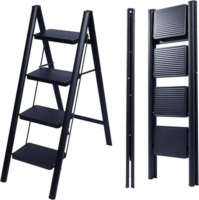Escabeau Pliable 4 Marches, Échelle de Sécurité avec Pieds Antidérapants, Tabouret de Step Idéal pour Maison, Cuisine, Bureau, Ladders Design Compact et Durable (Noir, 4 Marches)