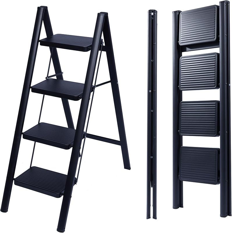 Escabeau Pliable 4 Marches, Échelle de Sécurité avec Pieds Antidérapants, Tabouret de Step Idéal pour Maison, Cuisine, Bureau, Ladders Design Compact et Durable (Noir, 4 Marches)