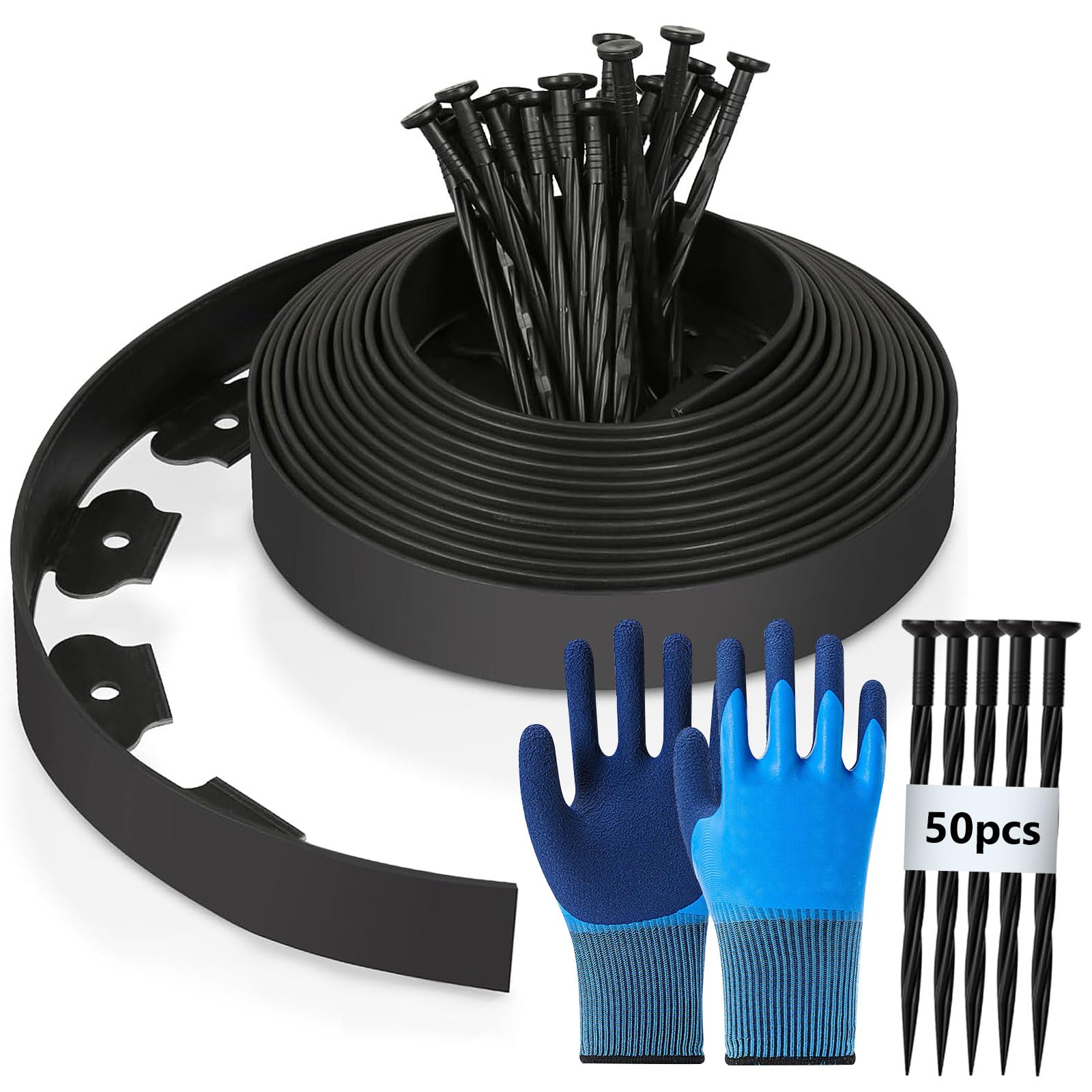 10m (Length) x 5cm (Height) Plastic Flexible Lawn Edging with 50 Anchors and 1 Pair of Gloves (Black)