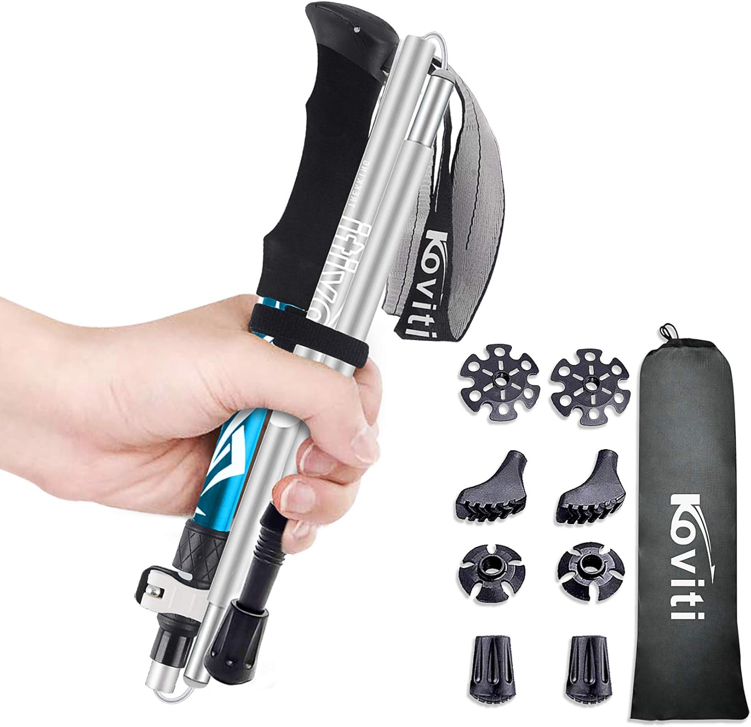 Koviti Trekking Poles - Collapsible Hiking Poles 2pc Pack, Strong Lightweight Walking Sticks with 8 Season Accessories, Aluminum Alloy 7075, Adjustable Quick Lock for Hiking, Camping : Sports & Outdoors