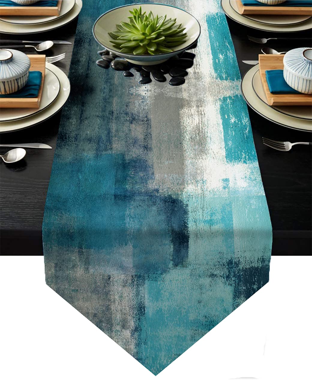 Turquoise and Grey Table Runners 90 Inches Long,Teal Abstract Modern Art Burlap Table Runners for Table Dresser Runner Farmhouse Style for Dinner Party Holidays Home Decoration — image 1