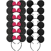 CHuangQi 12 pcs Mouse Ears Headbands, Solid Black & Rose Red Bow for Boys and Girls Birthday Party