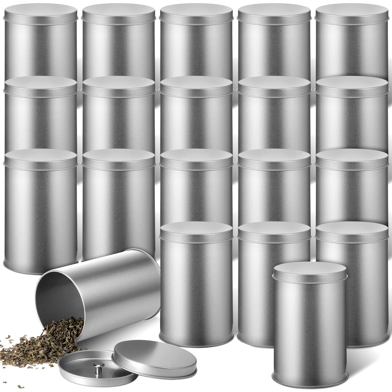 Photo 1 of Irenare 20 Pack Tea Canisters for Loose Tea Tin Canister with Airtight Double Lids 16 oz Metal Coffee Cans Empty Small Round Kitchen Container for Sugar Candy Herbs Spices Food Container(Silver)