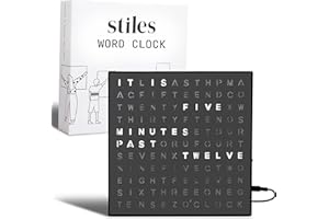 Stiles Word Clock, 8" by 8" Modern LED Desk Clock with USB Cable, Aluminum, Unique with Words, Contemporary, Living Room, Bedroom, Home, or Office Lightup Decor, Gift Item, Gray