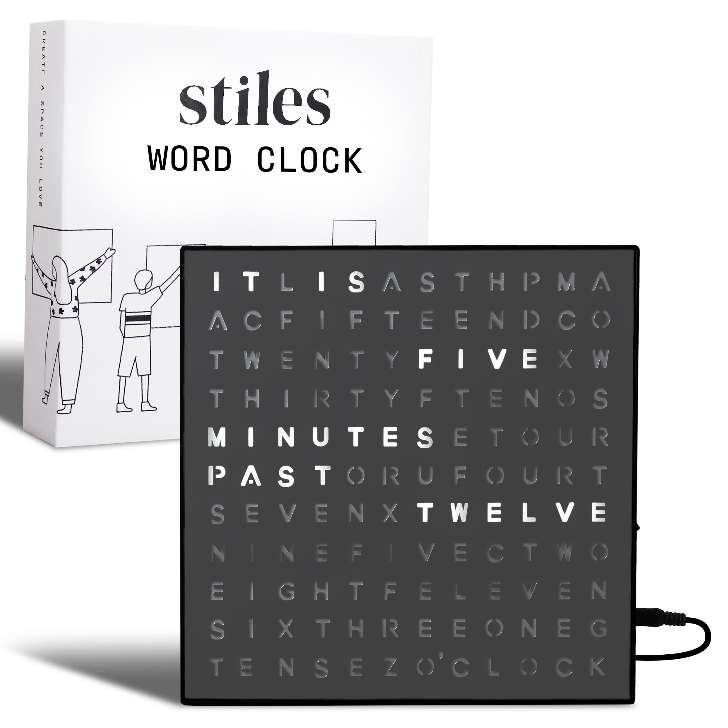 Stiles Word Clock, 8"x8" Modern LED Desk Clock with
