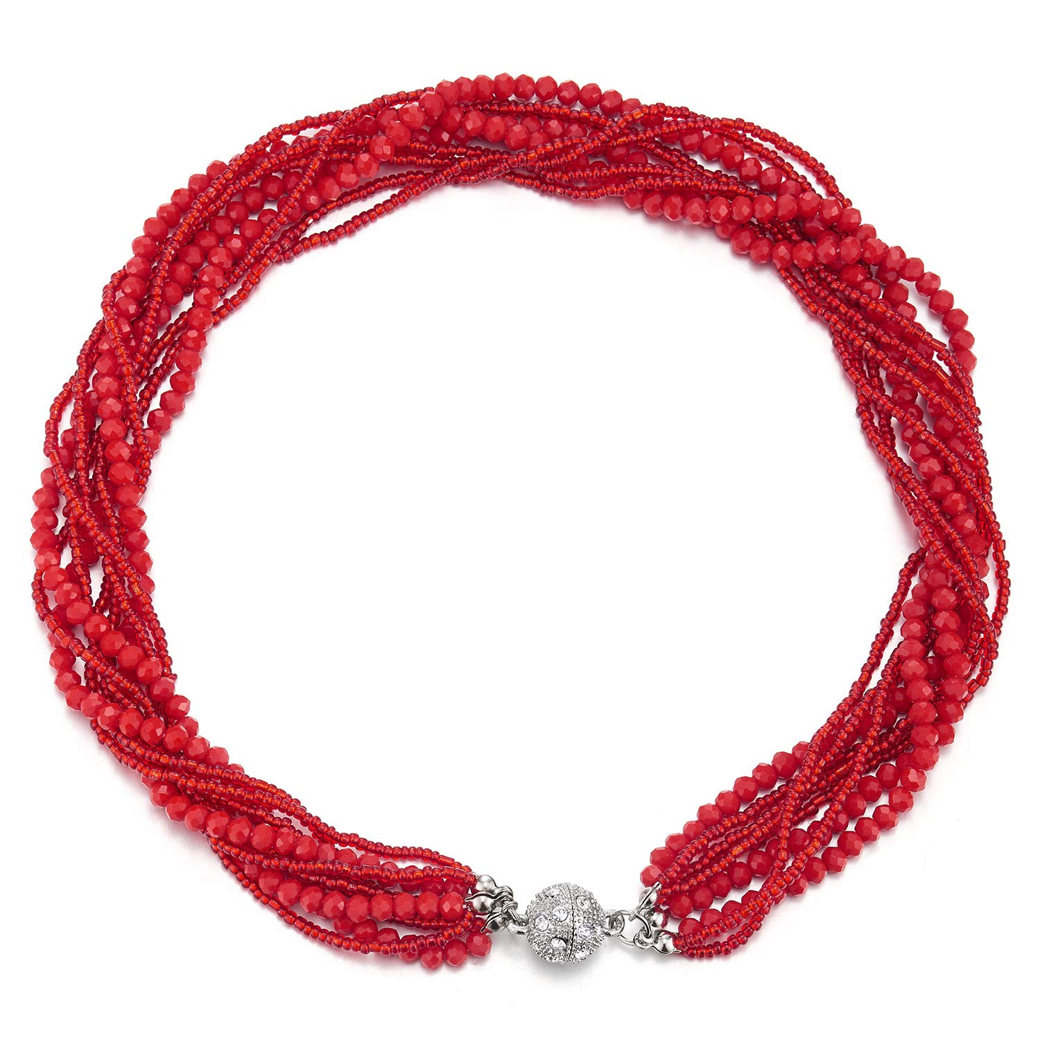 COOLSTEELANDBEYOND Red Statement Necklace Multi-layer Beads Crystal Braided Chain Choker Collar Magnetic Clasp Party