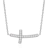 LAVISHE 14K Gold Plated 925 Sterling Silver Cubic Zirconia Small Curved Sideways Cross Necklace for Women, 18 inch
