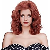 NJJYXH 16 Inches Vintage Copper Red Wigs for Women Long Ginger Wavy Synthetic Natural Auburn Wig for 70s 80s Cosplay,Halloween,Daily Use