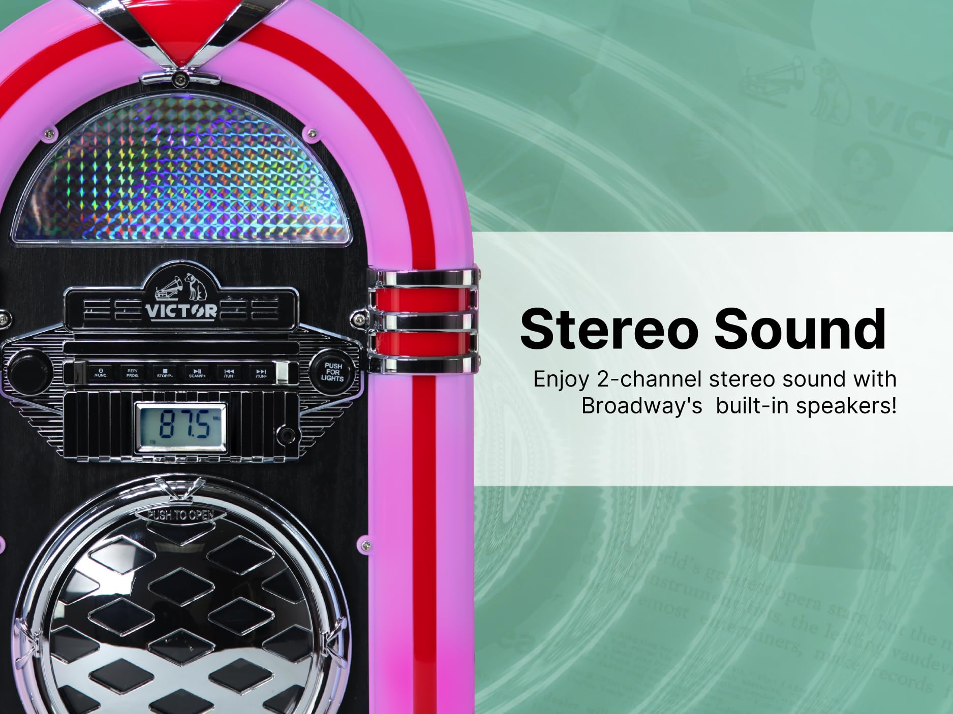 VICTOR VDTJ-1550 Broadway Desktop Bluetooth CD Jukebox Speaker with FM Radio, Multicolor LED Lighting, and Aux Input – Perfect for Retro-Style Music Streaming and Ambient Lighting