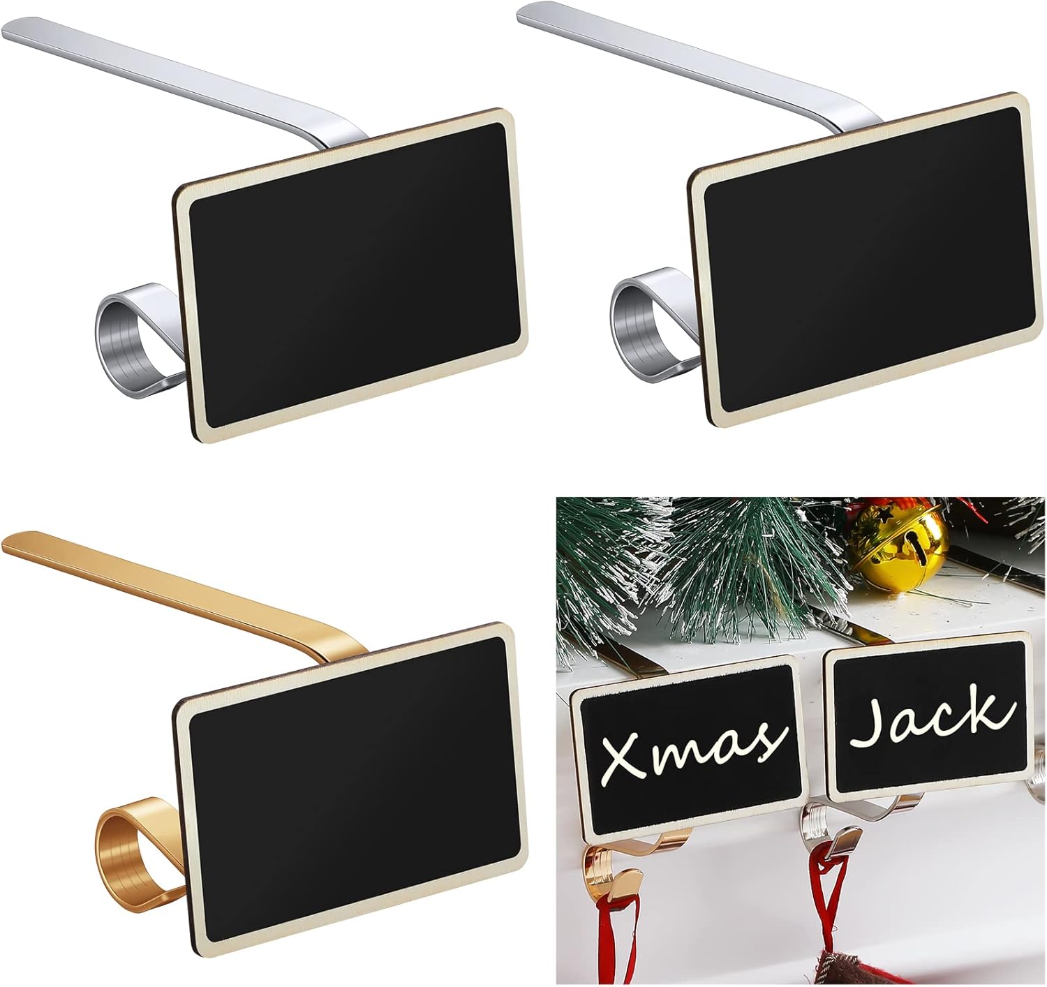 Ornament Hooks - Hotop Mantle Original Stocking Clip Holder 4 Pieces Initial Personalized Silver Golden Stocking Metal Hooks Elegant Metal Stocking Holder for Christmas Fireplace Home Party Decor Daily Use