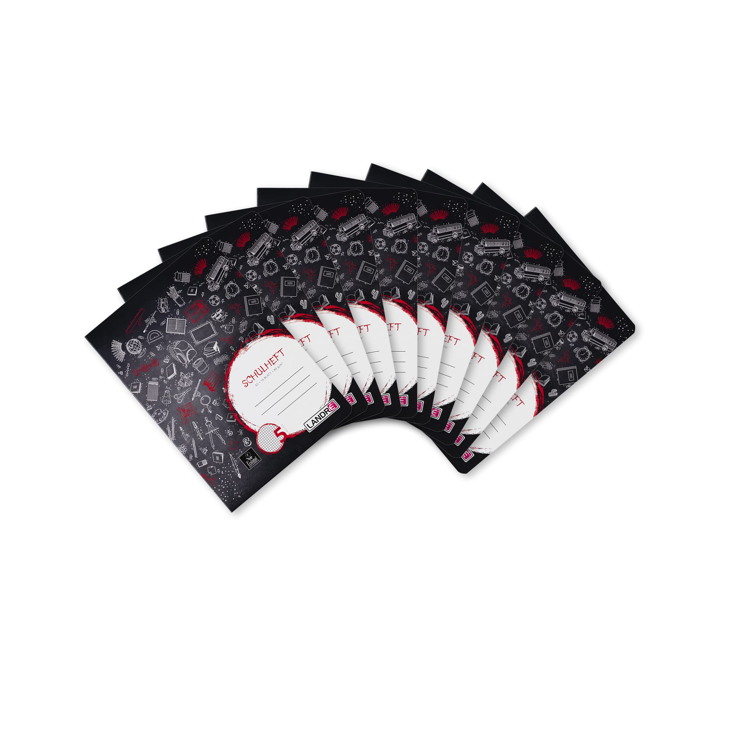 Landre 100050071 School Notepad A5 (16 Sheets of 80 g/m² Fine, Wood-Free Writing Paper with Type 5 Ruling - 5 mm Squared) Pack of 10 in 3 Assorted Designs