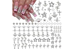 GANEPWNS 120+ Pcs Star Nail Charms Inlaid Rhinestones Gems, Silver Star Planet Cross Nail Art Decorations Shiny Jewelry for Acrylic Nail Accessories for Women Girl Manicure DlY Crafts Supplies
