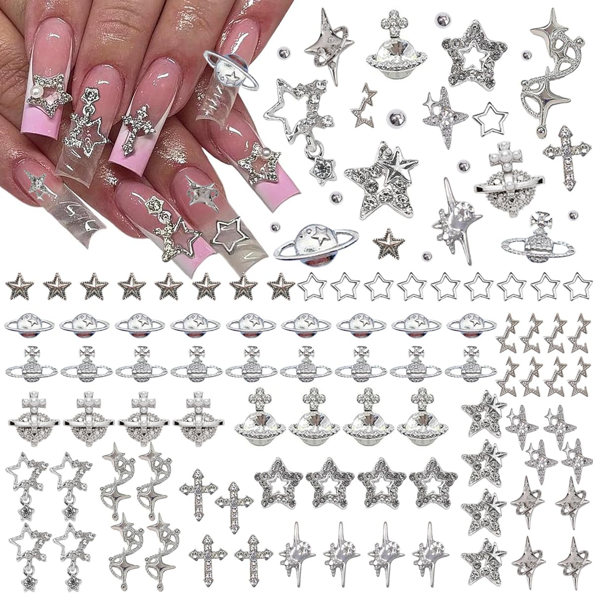 Photo 1 of 120+ Pcs Star Nail Charms Inlaid Rhinestones Gems, Silver Star Planet Cross Nail Art Decorations Shiny Jewelry for Acrylic Nail Accessories for Women Girl Manicure DlY Crafts Supplies