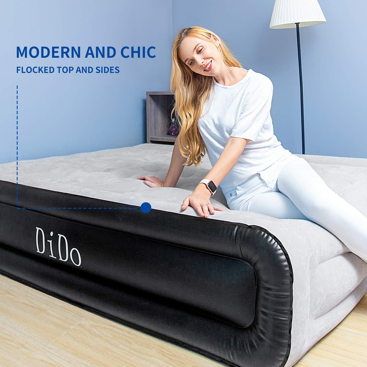 Dido Air Mattress with Built-in Pump, Queen Size Air Bed with Flocked Top and Sides, Elevated 18” Inflatable Bed Blow-up Bed for Guests: Kitchen & Dining