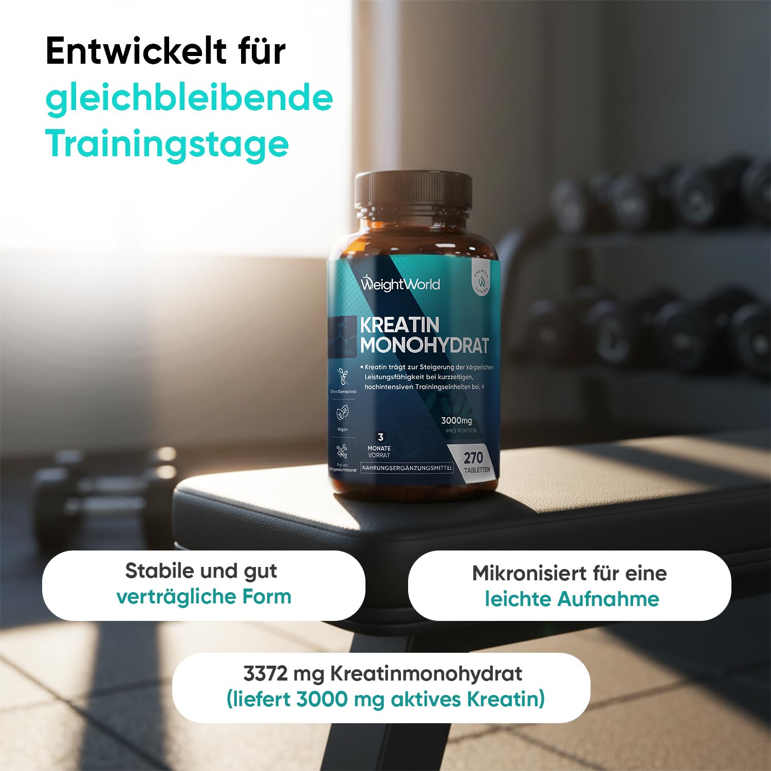 Creatin Monohydrat Tabletten - 3000mg pro Portion - Laborgeprüft - 270 Kreatin Vegan Tablets - 3 Monate Vorrat - Creatine - 3 Kreatin Monohydrat Tabletten pro Tag - Glutenfrei - WeightWorld 2