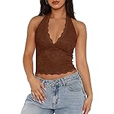 Women Sexy Cropped Halterneck Lace Top Sleeveless Backless V-Neck Lace Trim Crop Top Slim Fit Summer Tanks