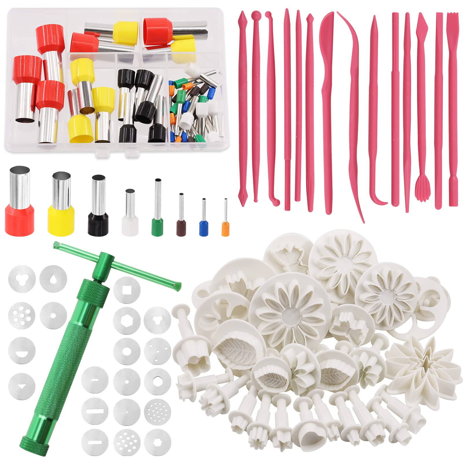 Swpeet 122Pcs Green Clay Extruder Gun and Fondant Cake Mold with Cookie Plunger Cutter Tool Polymer Clay Cutters Kit, Perfect for Clay DIY Craft Decorating Supplies Modeling Tool
