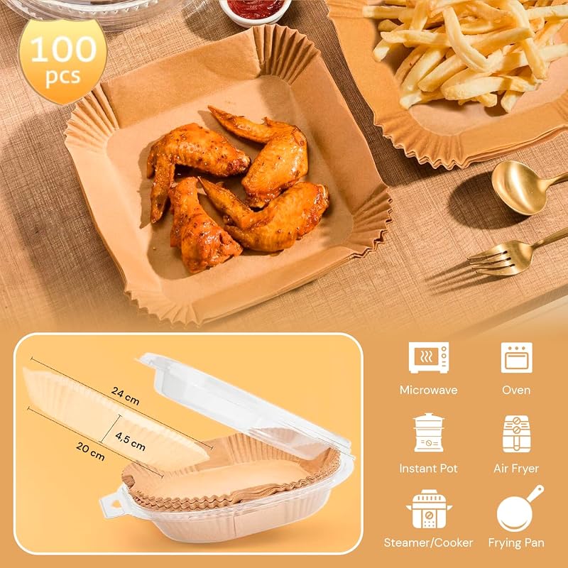 , papel para fritadeira de ar, fritadeira de ar, 100 unidades, 20-24 cm, sem BPA, descartável, para forno, acessórios para fritadeira sem óleo de 5 a 8 litros (20-24 cm, quadrado)