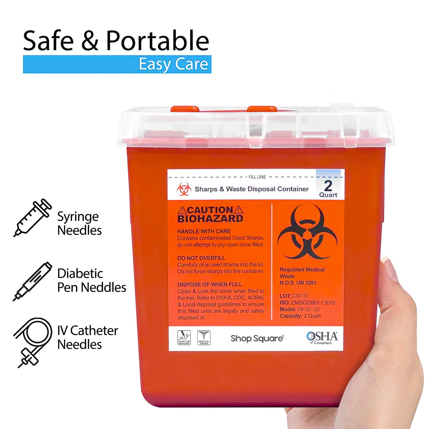 Sharps Containers for Home and Professional Use, 2 Quart Needle Disposal (3-Pack), Syringe Disposal for Home, Biohazard Containers