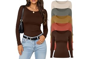 Velvelhall 5 Pack Women's Long Sleeve Shirts Scoop Neck Tops Slim Fit Stretchy Undershirts Casual Fall Base Layer Multipack