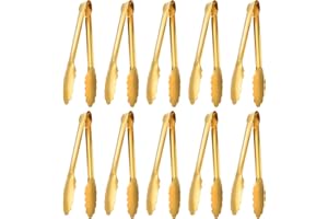 Worldity 10 Pack Gold Serving Tongs, Non-Slip & Easy Grip Golden Kitchen Utensils, Stainless Steel Gold Serving Tongs for Buf