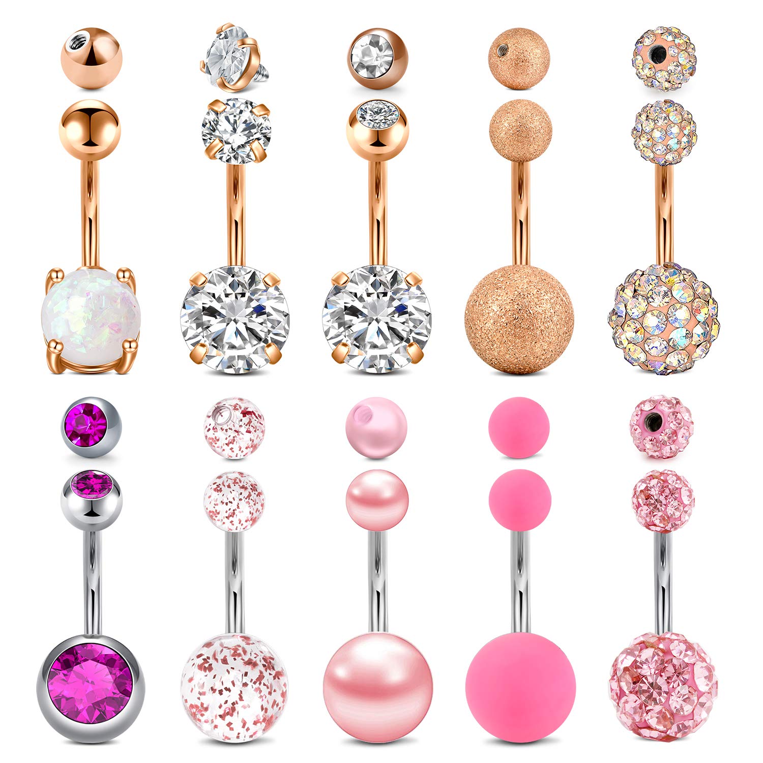 Mayhoop 14G Belly Bar Belly Button Bar Different Balls Style Belly Piercing with Replacement Top Surgical Steel Navel Barbell Jewelry Piercing for Women Bar Length 10mm