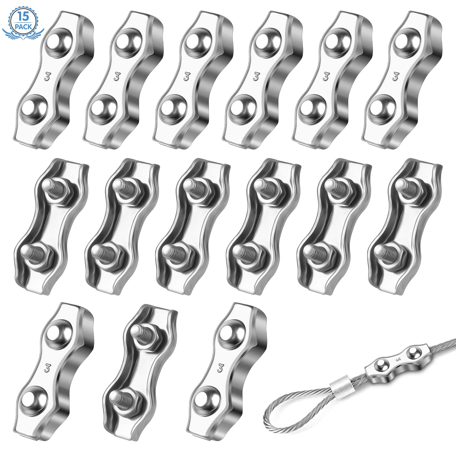Baiyuanli 15Pcs M3 Wire Ropes Cable Clamp 2-Post Cable Clamps Clips Durable Duplex Wire Rope Clips Clamps Heavy Duty Stainless Steel Duplex Bolt Cable Clamp for Rigging Rope Industry , 3.5cm