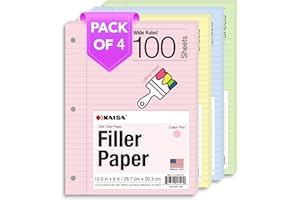 Kaisa Filler Paper Colored Loose Leaf Paper, Wide Ruled, 8x10.5in Colored and 3-Hole Punched for 3-Ring Binders, 100Sheets/Pa