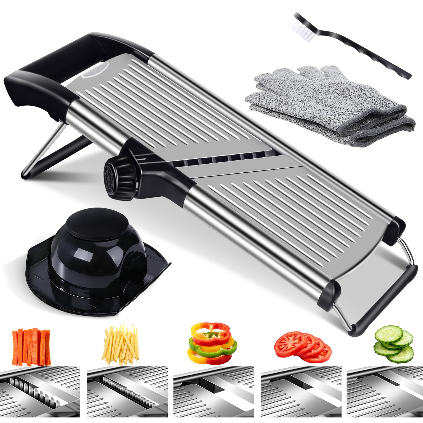 Masthome Mandoline Vegetable Slicer, 5-in-1 Stainless Steel Mandoline Food Slicer, Adjustable Mandolin for Vegetables, Potatoes, Onions, Send Cut-Resistant Gloves & Brush