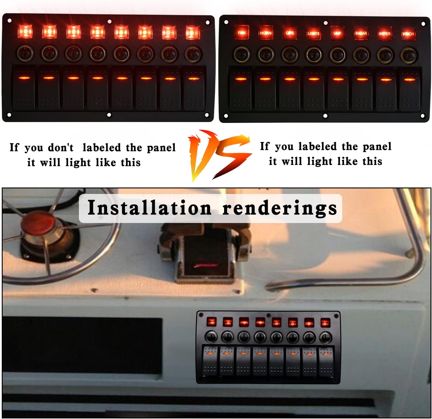 WUPP Boat Rocker Switch Panel Waterproof 8 Gang 3PIN & Circuit Breaker Overload Protection LED Switch Panel DC12/24V ON-Off Aluminium Switches for Marine RV Car Truck Trailer, Christmas Gift Idea: Industrial & Scientific